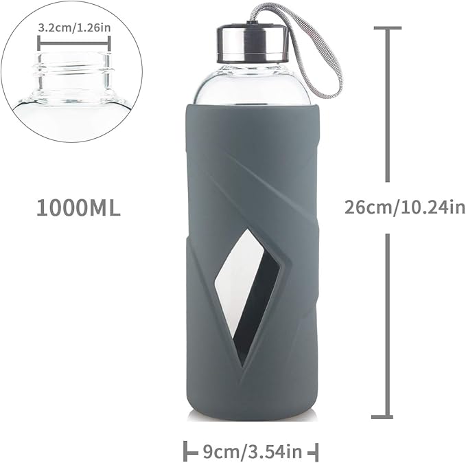 32 oz Borosilicate Glass Water Bottle BPA Free Reusable Glass Drinking Bottle with Silicone Sleeve and Stainless steel Lid