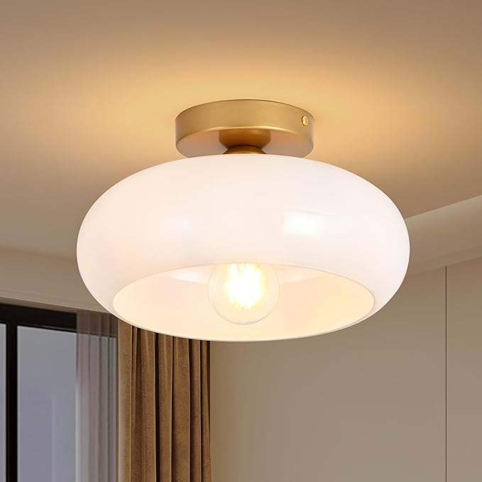 Mid-Century Modern Gold Semi Flush Mount Ceiling Light, Kitchen Ceiling Light Fixture with Glass Shade, Vintage White Close to Ceiling Lamp for Entryway Hallway Bathroom (11.0 Inch)