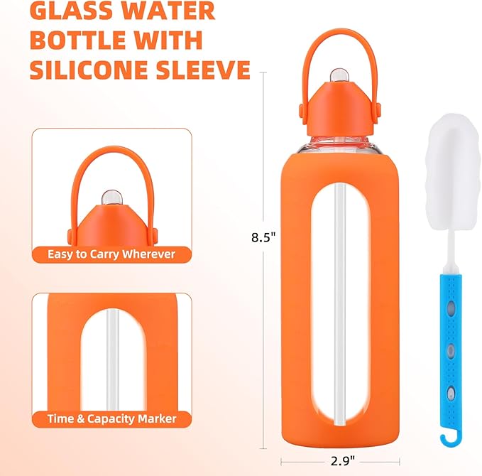 20 oz Glass Water Bottles with Straw Borosilicate Glass Water Bottle with Time Marker Motivational Water Bottles with Silicone Sleeve Leak Proof Reusable BPA Free