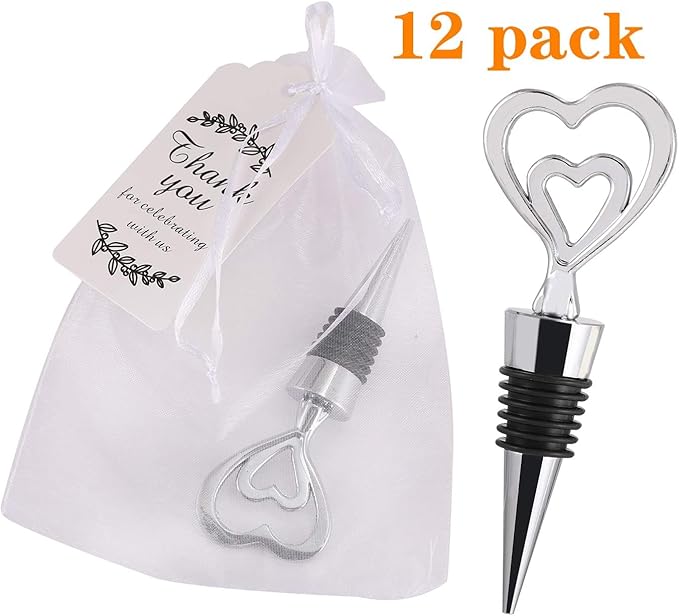 12PCS Valentine's Day Bridal Shower Favors for Guests,Nurses Gift Ideas Silver Heart Wine Bottle Stoppers Summer Holiday Birthday Gifts Wedding Souvenirs Party Supplies(12,Sliver Heart)