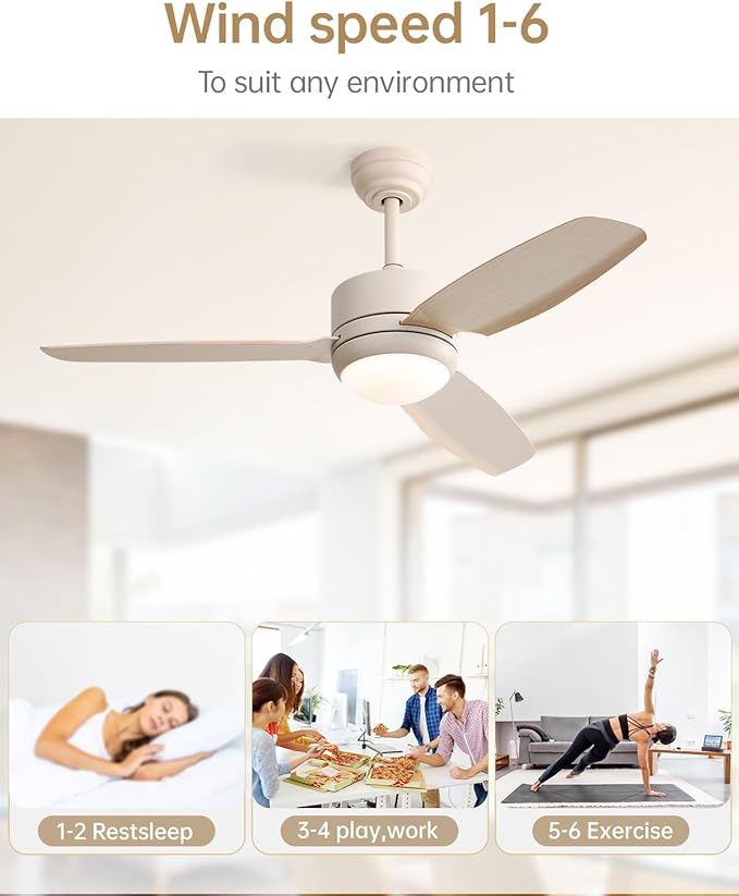 CACI Mall 46 inch Ceiling Fans with Lights and Remote, FUSH Mount Low Profile Ceiling Fan, Modern,3 Blade,6 Speed DC Motor,Quiet,Small Ceiling Fan for Bedroom Indoor/Outdoor Use