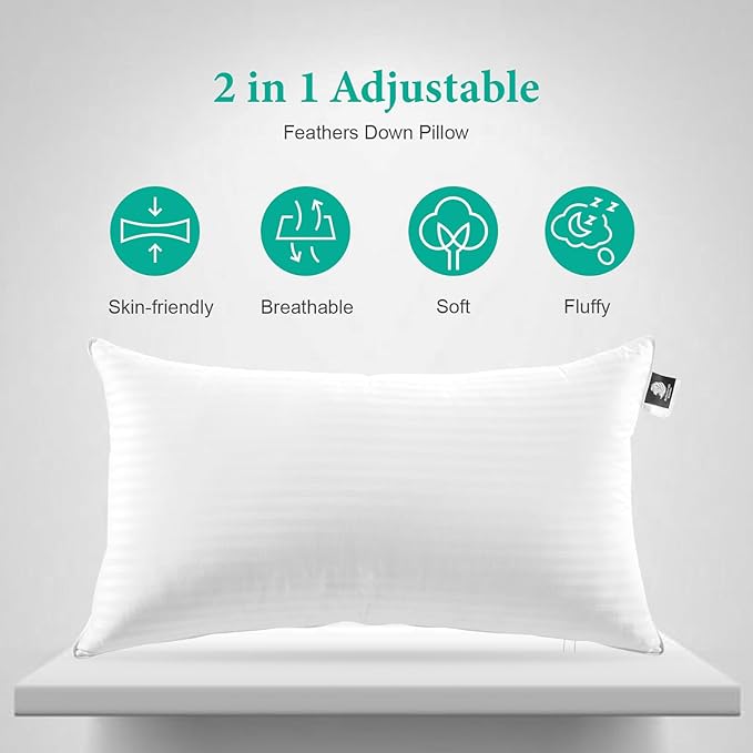 APSMILE 2-in-1 Assembleable Goose Feathers Down Pillow for Sleeping, King Size Soft-Medium-Firm Adjustable Bed Pillow Insert for Stomach, Back or Side Sleepers, 20x36