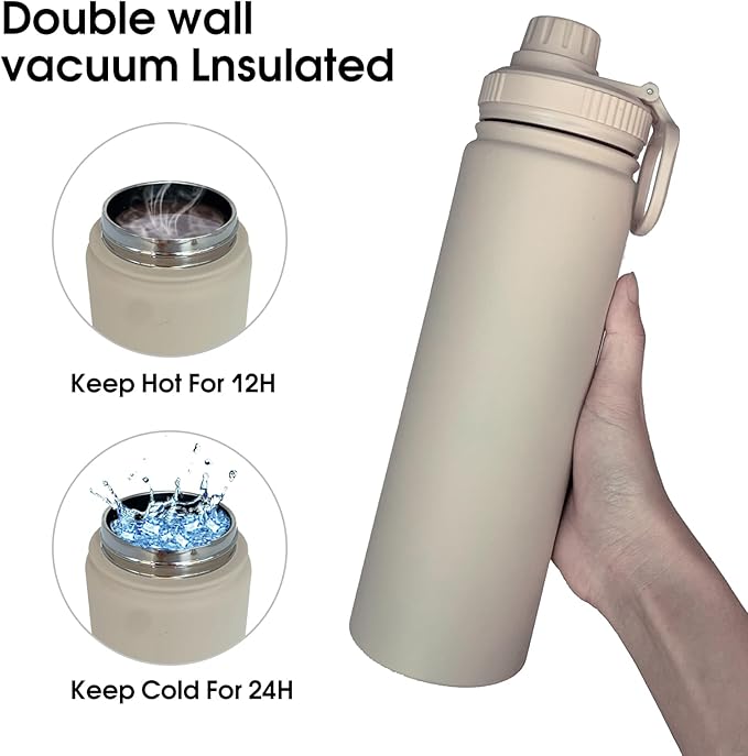 22oz Insulated Water Bottle ，Stainless Steel Sports Water Cup Flask with 2 Lids, Wide Mouth Travel Thermal Mug,Outdoor Sports Bottle（Cream apricot）
