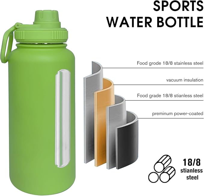 32oz Insulated Water Bottle ，Stainless Steel Sports Water Cup Flask with 2 Lids, Wide Mouth Travel Thermal Mug,Outdoor Sports Bottle（Lemon Green）
