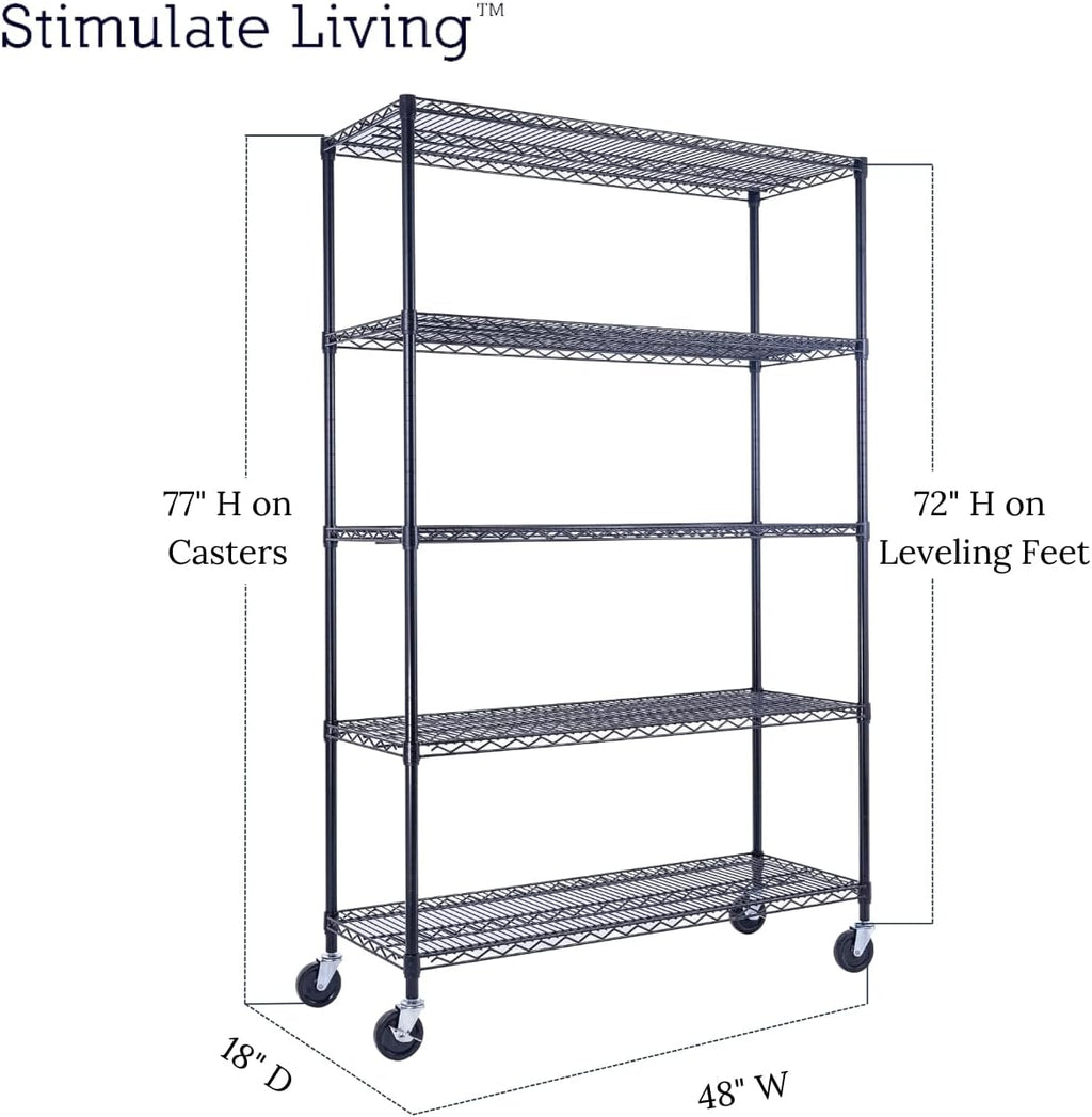 48"x18"x72" PRIME HEAVY DUTY Black 5-Tier Wire Shelving NSF 4000 LBS MAX Capacity Storage Rack for Commercial, School, Home, Garage, Warehouse, Industrial, and Hospital Uses (with Wheels)