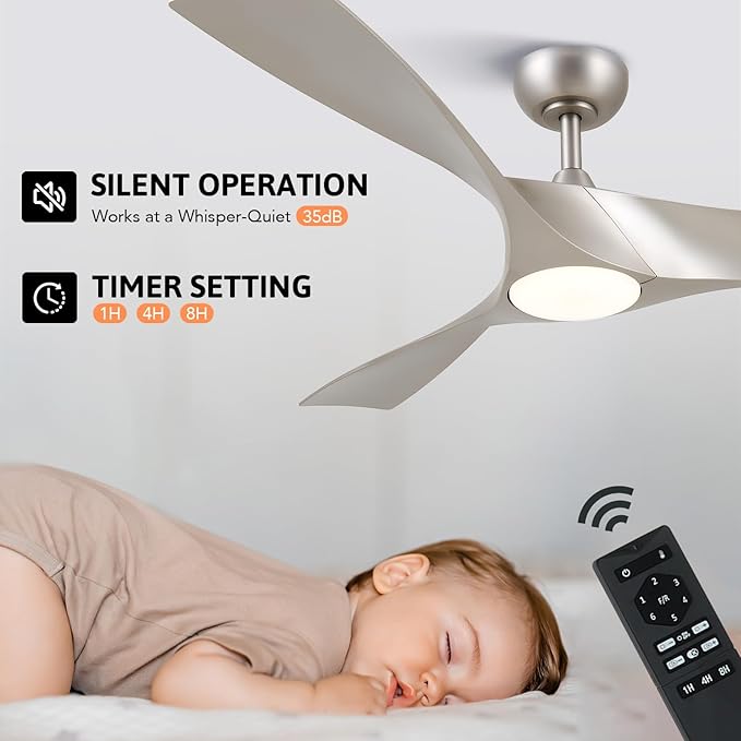 VONLUCE Ceiling Fans with Lights, 52 inch Ceiling Fan with Remote, 3 Blades, Noiseless 6-Speed Reversible DC Motor, Modern Ceiling Fan for Farmhouse Patio Bedroom Living Room, Nickel with Light