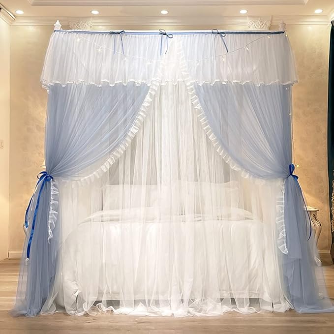 Mengersi Canopy Bed Curtains with Lights,4 Corner Bed Canopy Royal Luxurious Bed Drapes Netting,Princess Bed Curtains for Girls Adults Bedroom Decoration (Gray Blue, Full)