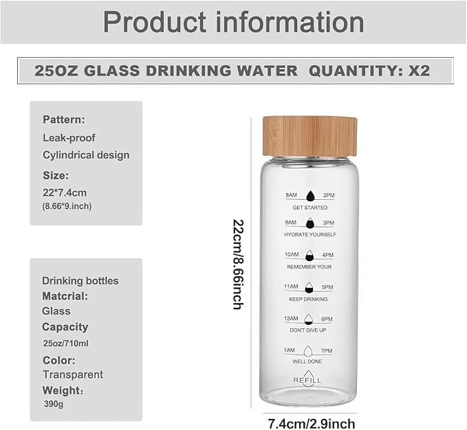 25oz Glass Water Bottle with Time Marker, Leak-Proof,With stainless steel tea strainer, BPA-Free Reusable Hot and Cold Beverages for Office, Gym, Travel（2PCS）