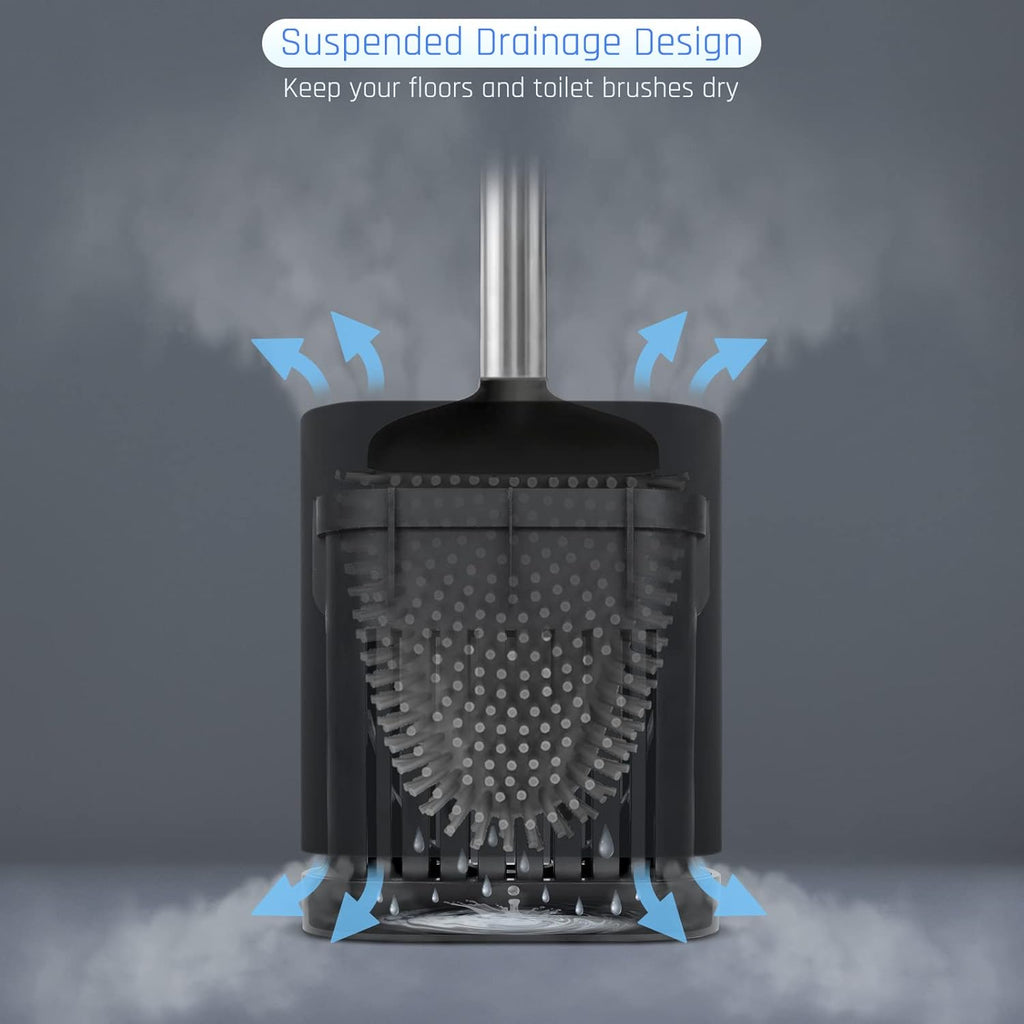 Sellemer Toilet Brush and Holder Set - Flexible Toilet Bowl Brush Head with Silicone Bristles, Compact Size for Storage and Organization, Ventilation Slots Base (1 Pack, Black)
