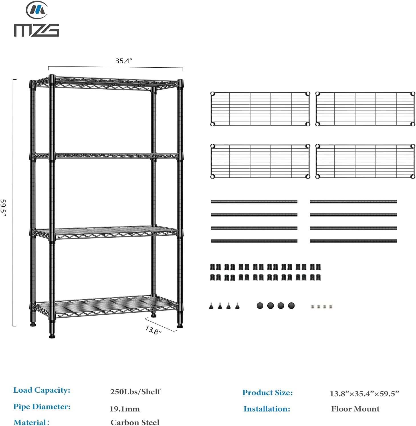 1000 lbs 4 Tier Shelf Metal Storage Shelves Shelving Wire Rack Heavy Duty Closet Organizers for Garage Kitchen Bathroom Laundry Black 13.8" D x 35.4" W x 59.5" H