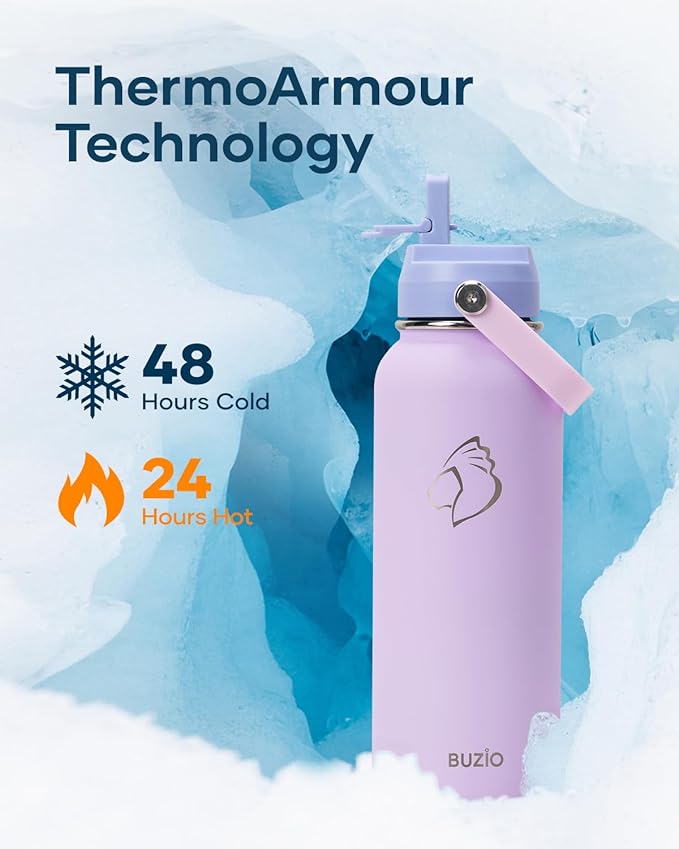 40 oz Insulated Water Bottle with Straw Lid, BUZIO Stainless Steel Water Flask Keep Cold 48h with Carrying Pouch, Lead-Free Double Wall Vacuum Thermo Tumbler Leak Proof Sport Metal Canteen, Purple