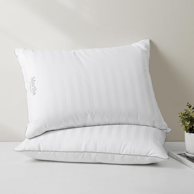 MARTHA STEWART Hotel Collection Meidum Soft Feather Down Pillows 100% Cotton 500 Thread Count Damask Stripe Embroidered, King Size Set of 2, White 2