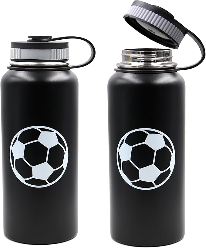 32 oz Soccer Water Bottle, Wide Mouth Travel Sports Flask with 2 Lids（Straw Lid+Flex Cap）BPA Free 18/8 Stainless Steel Double Wall Vacuum Insulated Water Bottles (32oz, Soccer)