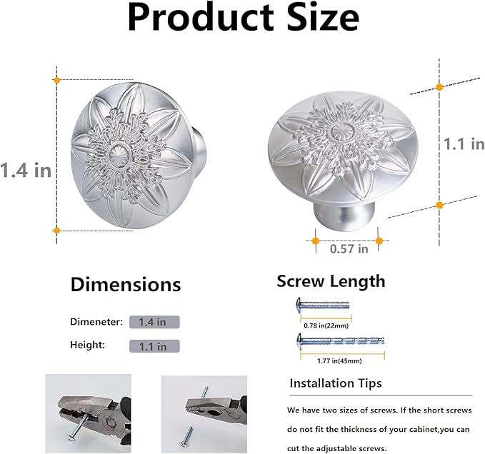 Cabinet Knobs, 10 Pack Brushed Nickel Zinc Alloy, 1-2/5'' Round Knobs for Cabinets and Drawers, Flower Drawer Knobs Dresser Knobs,Included Screws