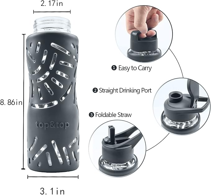 25oz Glass Water Bottles with Silicone Sleeve, 3 Different Lids (BPA Free) for Wide Mouth Glass Drink Bottles for Fitness and Outdoor (Grey)