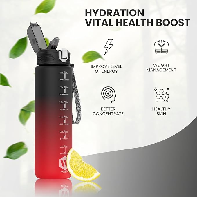 1L Water Bottle with Straw - Leak-Proof & BPA Free Reusable Sports Bottle - Motivational Time Markings for Hydration Durable Drink Bottle for Gym, Sports, Outdoor (Black and Red)