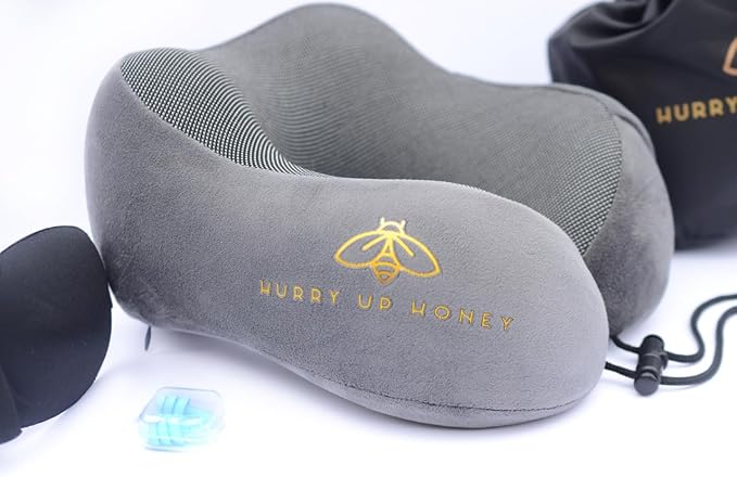 Travel Neck Pillow Memory Foam with Velvet Cover for Relaxing Journeys - Neck Pillow for Airplane,Car,Bus,Train,Comfortably Head Supports, Portable and Washable (Gray)