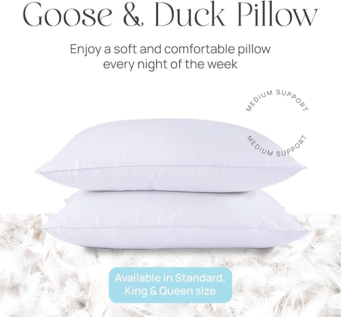 East Coast Bedding Pure Dream Firm Pillow - Standard Size 20x26 Inch Medium Support Goose Feather Down Pillows, 100% Cotton Shell, Standard Pillow Set of 2