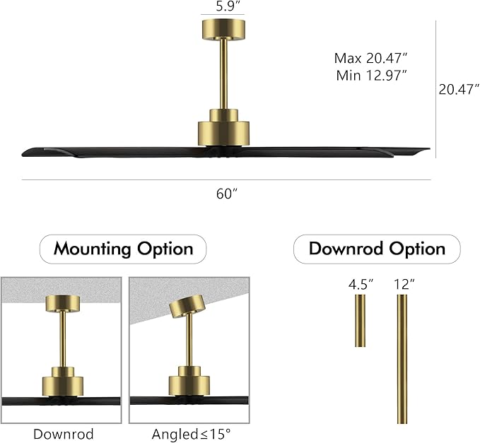 60 Inch Modern Ceiling Fan without Light, 5 Solid Wood Blades 6-Speed Noiseless Reversible DC Motor, Ceiling Fan with Remote Control for Bedroom Living Room, Gold Finish with Black Blades