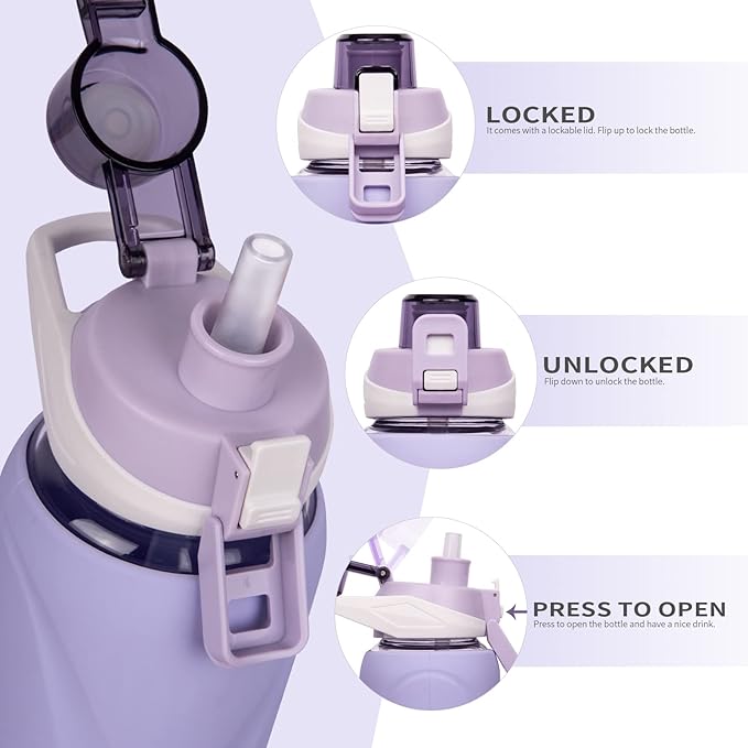 32 oz Sports Glass Water Bottle with Straw & Silicone Sleeve Reusable BPA-free Borosilicate Glass Drinking Bottle with Flip Top Lid & Handle Wide Mouth (Light Violet)