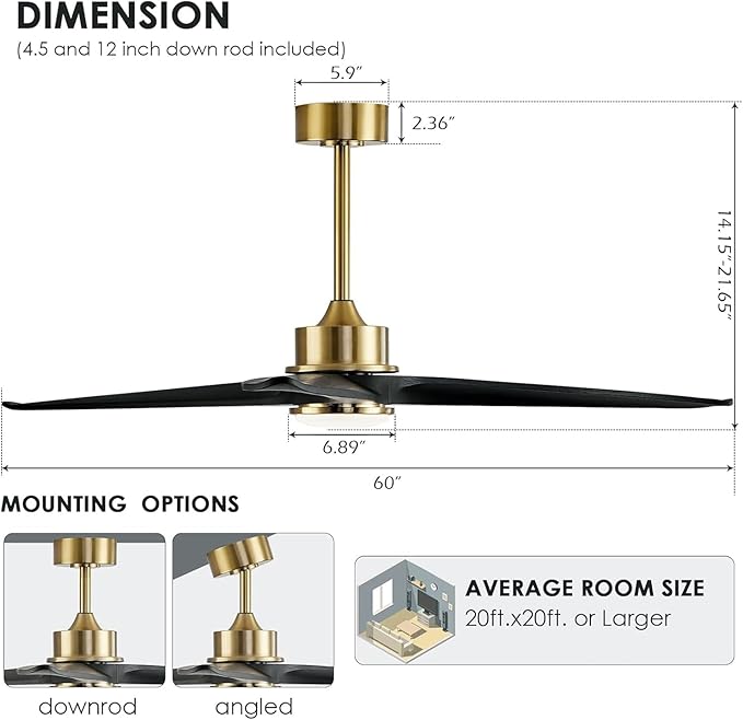 WINGBO Ceiling Fan, 60 Inch DC, 3 Wood Blades, Brass Finish, Remote Control, Reversible, LED Light, ETL Listed