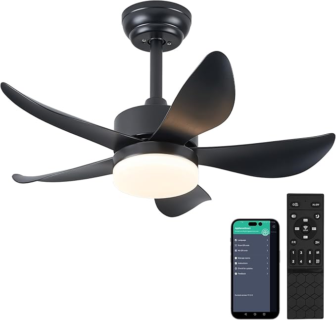 Black Ceiling Fans with Lights, 32" Dimmable LED Ceiling Fan with Light and Remote, Modern Ceiling Fans for Bedroom Kitchen Patio, Memory & Night Light, Quiet DC Motor, Reversible