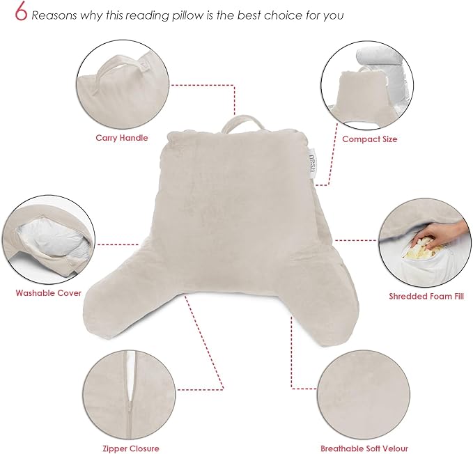 Nestl Reading Pillow for Kids, Small Bed Pillow, Back Pillow for Sitting in Bed, Memory Foam Chair Pillow, Reading & Bed Rest Pillows, Linen Back Pillow for Bed, Arm Pillow with Pockets