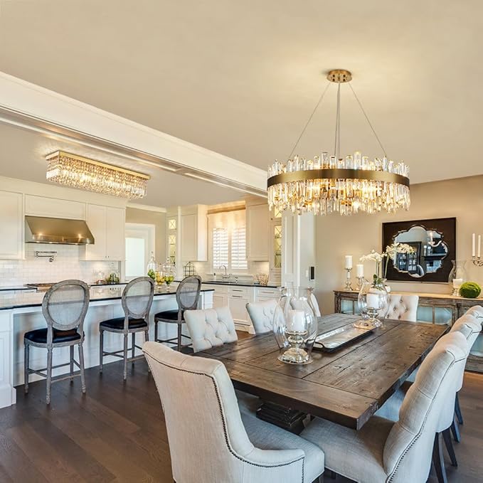 Siljoy 8-Lights Rectangular Flush Mount Ceiling Light Gold Rectangle Modern Crystal Chandelier Farmhouse Close to Ceiling Raindrop Pendant Light Fixture for Dining Living Room Kitchen Island L40''