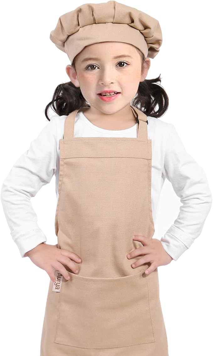 Kids Apron and Chef Hat Set-Adjustable Child Apron for Boys and Girls for Cooking Baking Khaki