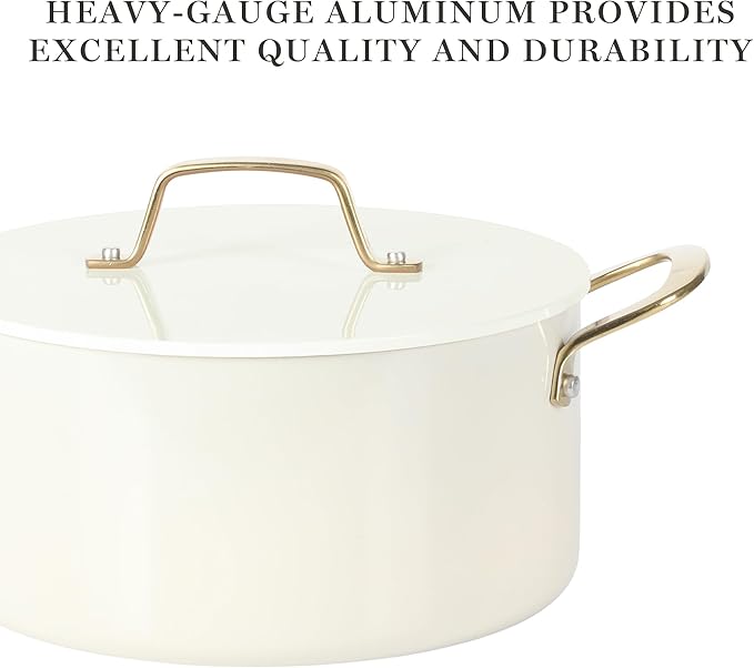 Martha Stewart Galway Premium Nonstick PFA Free Ceramic Interior 10 Piece Heavy Gauge Enamel Aluminum Pots and Pans Cookware Set W/Aluminum Lids - Linen White W/Gold Handle