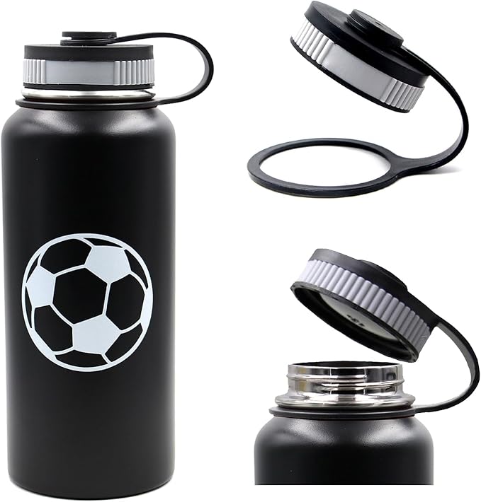 32 oz Soccer Water Bottle, Wide Mouth Travel Sports Flask with 2 Lids（Straw Lid+Flex Cap）BPA Free 18/8 Stainless Steel Double Wall Vacuum Insulated Water Bottles (32oz, Soccer)