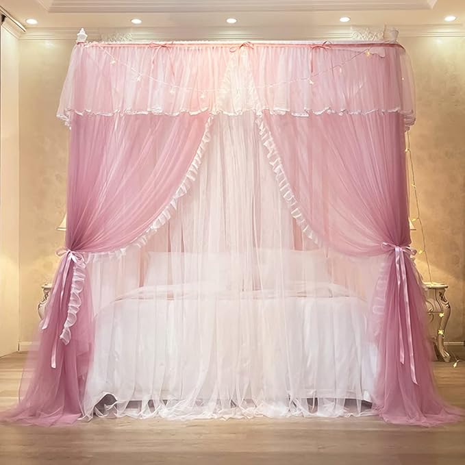 Mengersi Canopy Bed Curtains with Lights,4 Corner Bed Canopy Royal Luxurious Bed Drapes Netting,Princess Bed Curtains for Girls Adults Bedroom Decoration (Pink, Full)