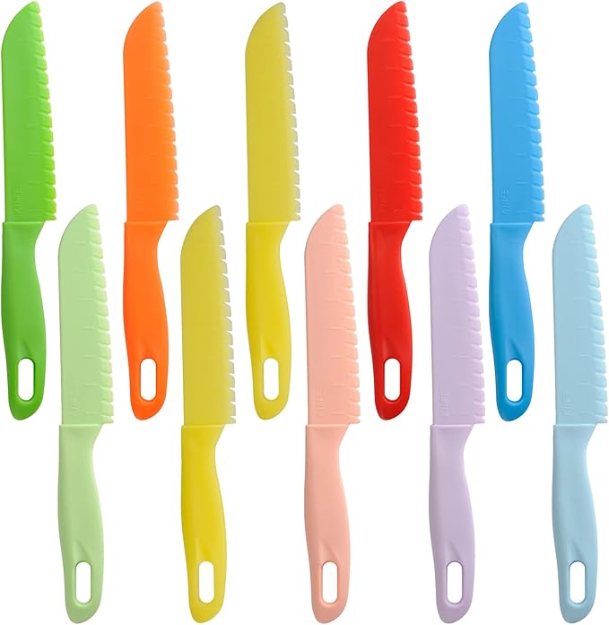 ONUPGO Knives for Kids 10 Pieces Plastic Kitchen Baking Knife Set, Montessori Kitchen Tools for Toddlers-Kids Cooking Sets, Real Kids Safe Cooking Knives in 10 Colors
