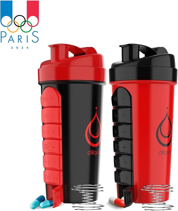 '-2 PACK- Shaker Bottles for Protein Mixes with Pill Organizer | BPA-Free & Dishwasher Safe | 2 Large 24 oz protein shaker bottle | Shaker Cups for protein shakes | Blender Shaker Bottle Pack