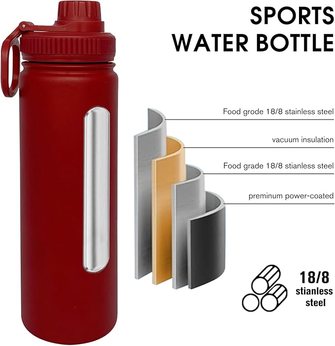 22oz Insulated Water Bottle ，Stainless Steel Sports Water Cup Flask with 2 Lids, Wide Mouth Travel Thermal Mug,Outdoor Sports Bottle（Deep red）