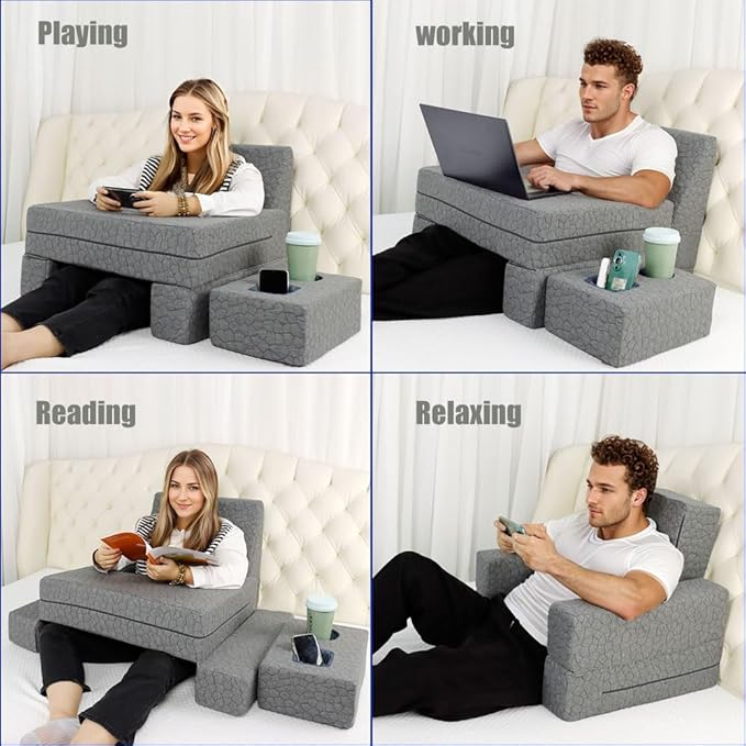 Extra Large Reading & Gaming Pillow with Coaster,Adjustable Laptop Desk Pillow for Reading,Gaming,Working,Writing,Lap Desk,Arm Rest Pillow for Adult Playing Switch or Sitting in Bed,Floor,Sofa(Grey)