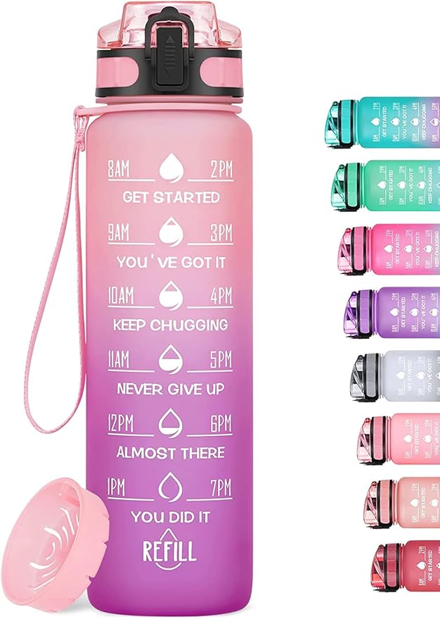 32oz Motivational Water Bottle with Time Marker & Fruit Strainer, Leak-proof BPA Free Non-Toxic Bottle with Carrying Strap, Perfect for Fitness, Gym and Outdoor Sports