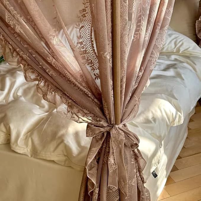 Elegant Lace Princess 4 Corner Post Mosquito Net Romantic for Girls Women Bed Curtain Canopy for Adult Wedding Bedroom Kids Rooms Decoration (Coffee, Queen)