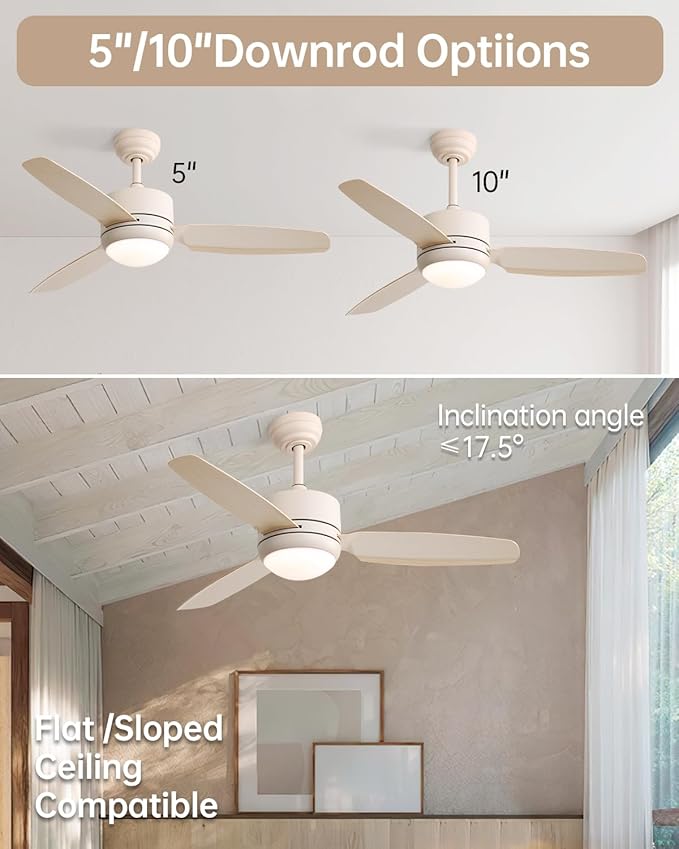 CACI Mall 46 inch Ceiling Fans with Lights and Remote, FUSH Mount Low Profile Ceiling Fan, Modern,3 Blade,6 Speed DC Motor,Quiet,Small Ceiling Fan for Bedroom Indoor/Outdoor Use