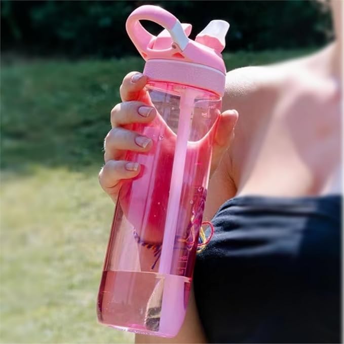 25oz Pink Water Bottle with Clip Handle and Locking Lid, Reusable Travel Tritan Water Bottle with Straw and Sports Plastic Water Bottle - Pink