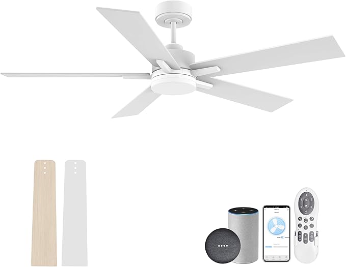 52” Smart Ceiling Fan with Lights Remote,Voice Control via Alexa Google WIFI App,Ultra Quiet DC Motor,Outdoor Indoor Modern Ceiling Fans,6-Speed for Bedroom Patio Porch,White and Wood Color