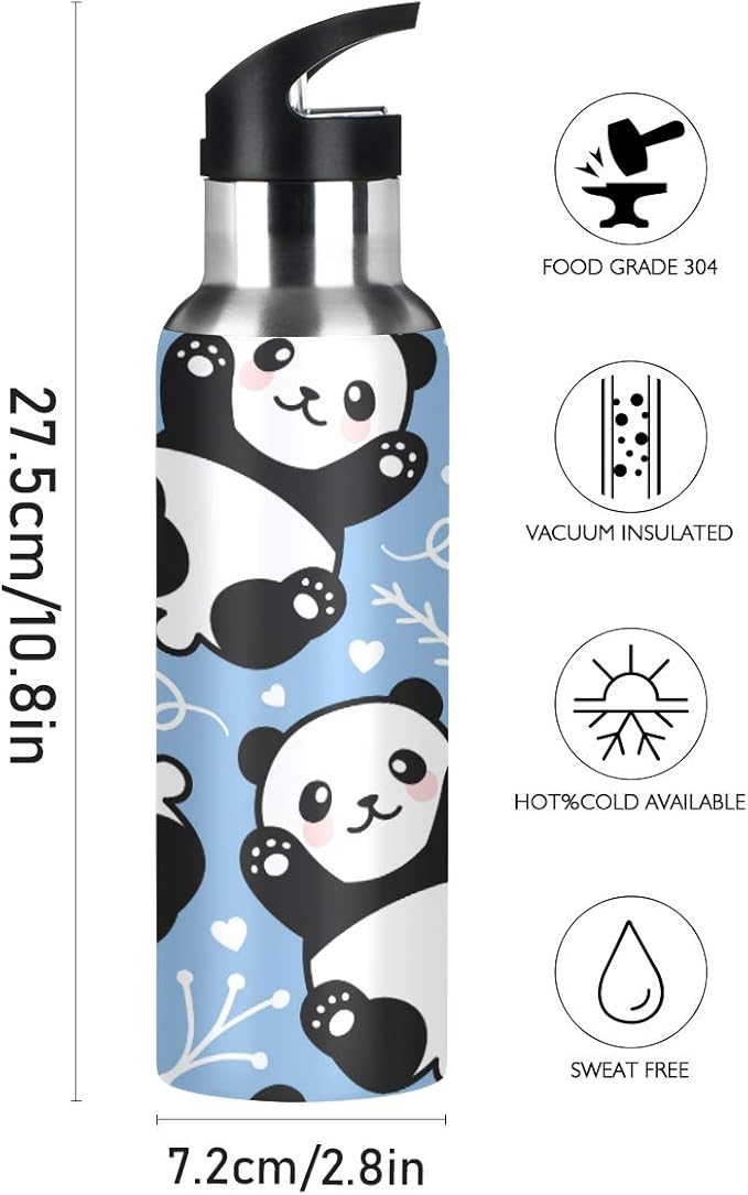 22 OZ Cute Cartoon Panda Water Bottle with Straw - BPA Free Leakproof Stainless Steel Water Bottle for Women Men Water Jug for Fitness Gym Outdoor Sport