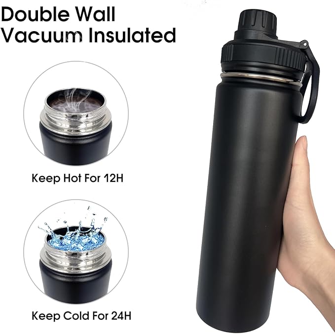 4pack 22 oz Insulated Water Bottle With Straw, Stainless Steel Sports Water Cup Flask with 2 Lids, Wide Mouth Travel Thermal Mug,Black
