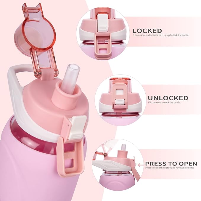 32 oz Sports Glass Water Bottle with Straw & Silicone Sleeve Reusable BPA-free Borosilicate Glass Drinking Bottle with Flip Top Lid & Handle Wide Mouth (Pastel Pink)