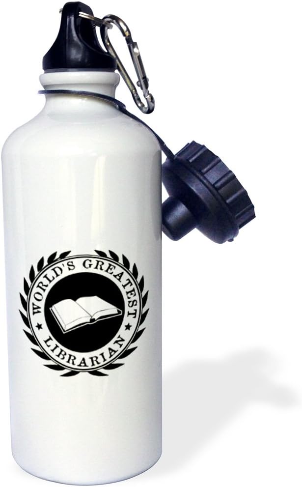 3dRose "Worlds Greatest Librarian award. Job pride. Black white badge graphic" Sports Water Bottle, 21 oz, White