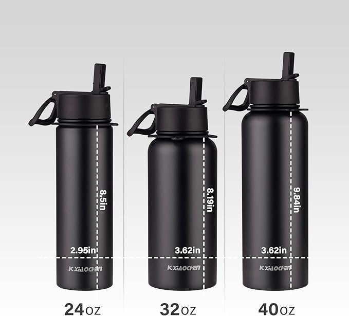 40 oz insulated Water Bottle with Paracord Handles & Strap, 2 Lids(Straw Lid&Spout Lid), Stainless Steel Reusable Wide Mouth Metal Water Bottle With Straw, Double Walled(Black)