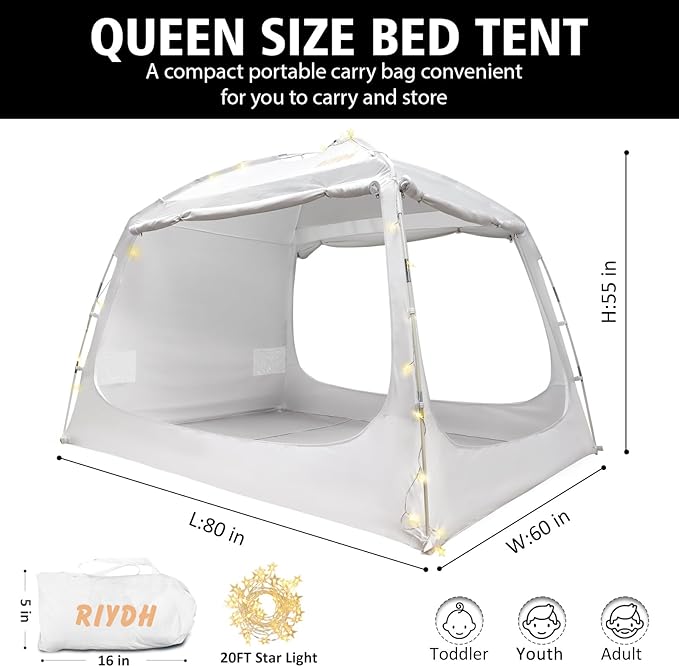 Bed Tent Bed Canopy Queen Size for Adult and Kids - Portable Sleeping Tents Indoor Dream Tents 70% Blackout with String Light 3 Doors Breathable Privacy Space Tents