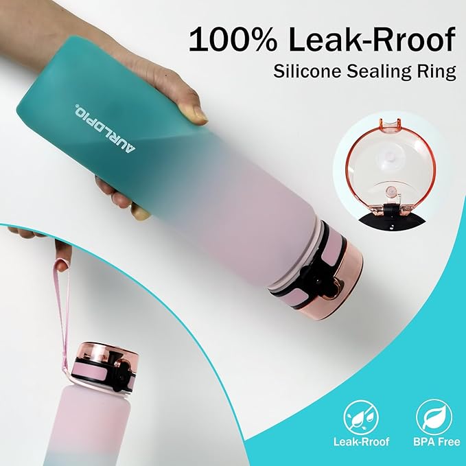 32oz/1L Water Bottle, Sports Water Bottle with Times to Drink & Lock Cover+Strainer,BPA-Free, Leakage Proof, Sports Drink Bottle for Bicycle, Outdoor, Gym, School, Reusable Daily (Pink-blue)