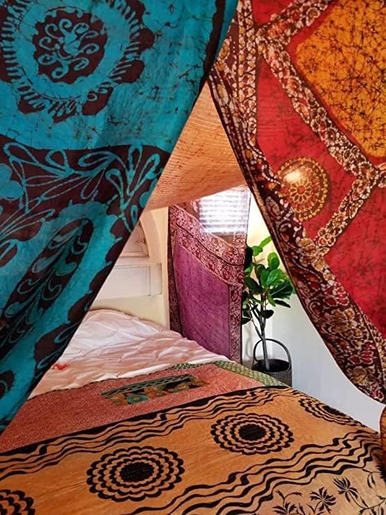 EthinicCraftHub® Bed Canopy King Size Bali HI Made to Order Gypsy Hippy India Sari Saree Curtain Bedroom Decor Bohemian Chic