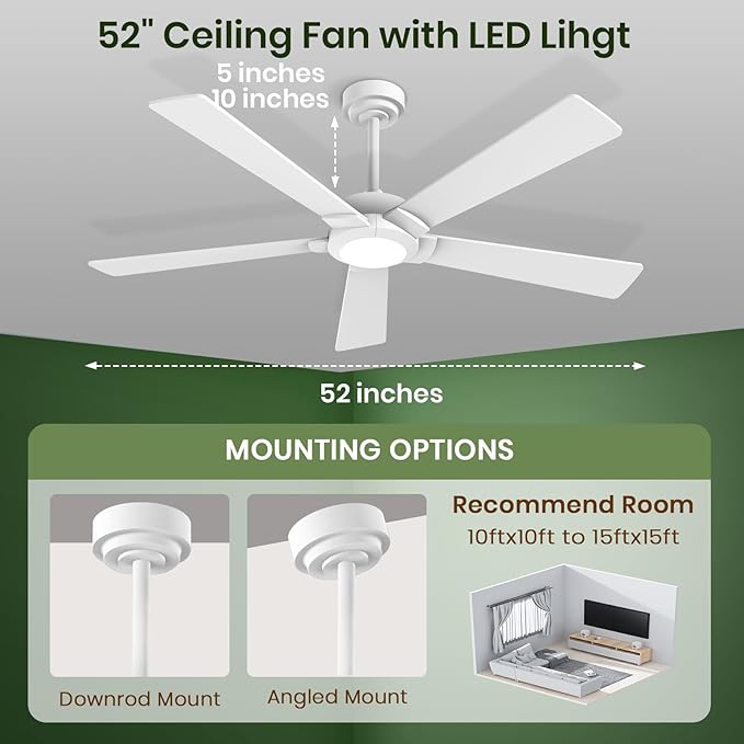 GESUM 52 In Ceiling Fan with Light, Outdoor Ceiling Fan with 5 Reversible Blades, 6 Speeds, Dimmable, 3CCT, Modern Smart Ceiling Fan with Remote/App Control for Patio Kitchen Bedroom (White)